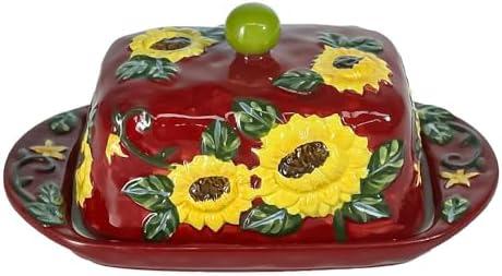 Ceramic Butter Dish with Lid – Farmhouse Sunflower Butter Container for Countertop, Cute Ceramic Butter Holder Tray, Vintage Butter Keeper Crock for Kitchen Décor