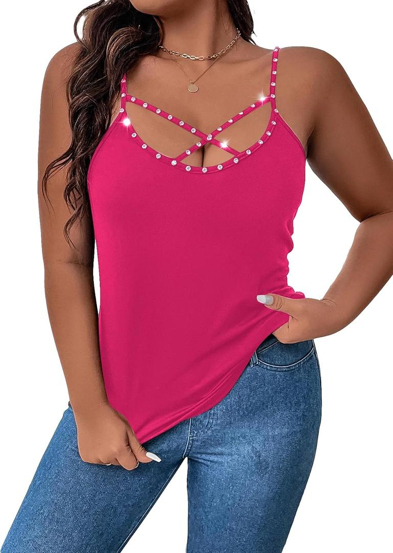 WDIRARA Women's Plus Size Rhinestone Crisscross Spaghetti Strap Cami Top (Pink)