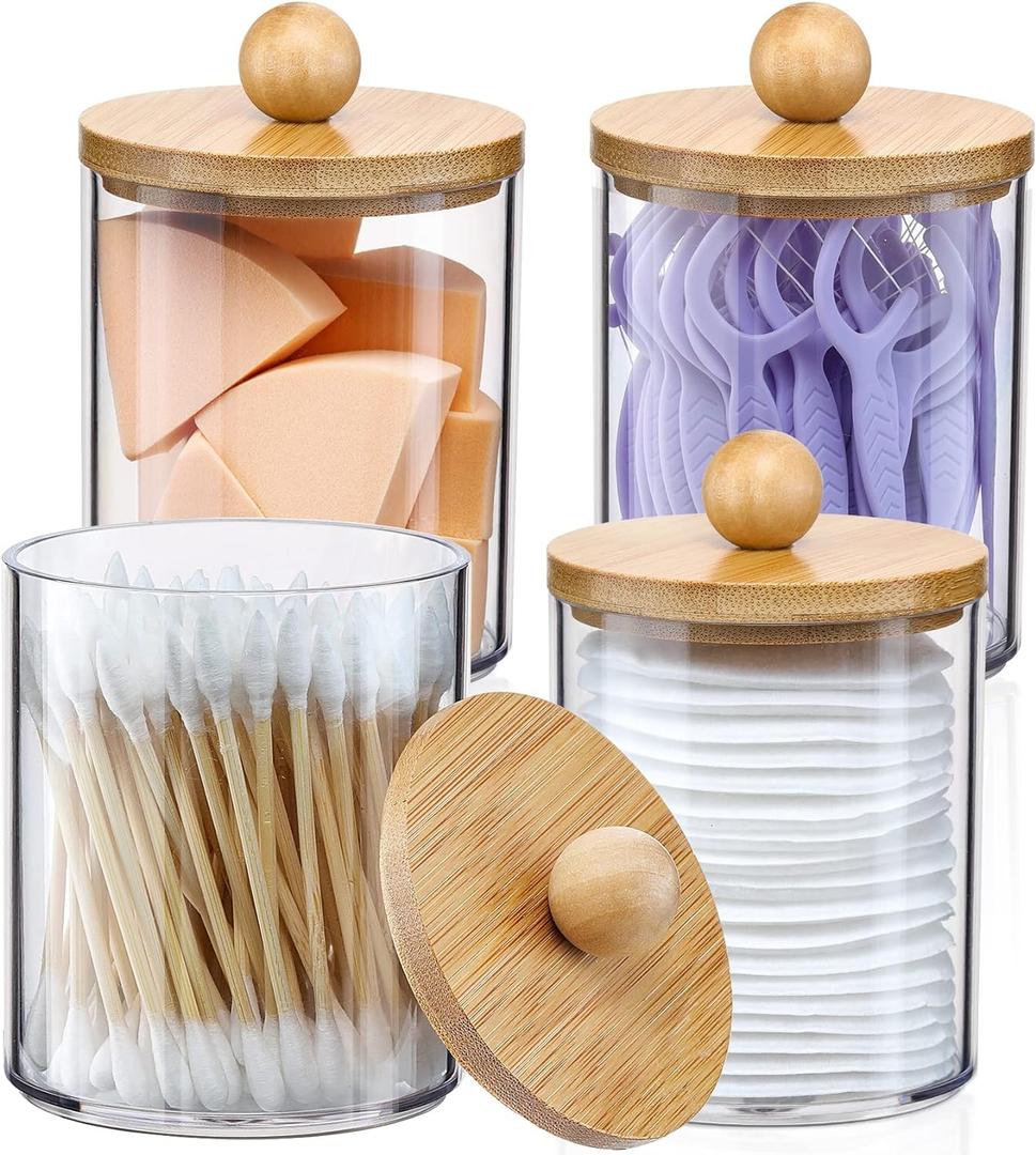 3 x 4 Pack Qtip Holder Dispenser with Bamboo Lids - 10 oz Clear Plastic Apothecary Jar Containers for Vanity Makeup Organizer Storage - Bathroom Accessories Set for Cotton Swab, Ball, Pads, Floss