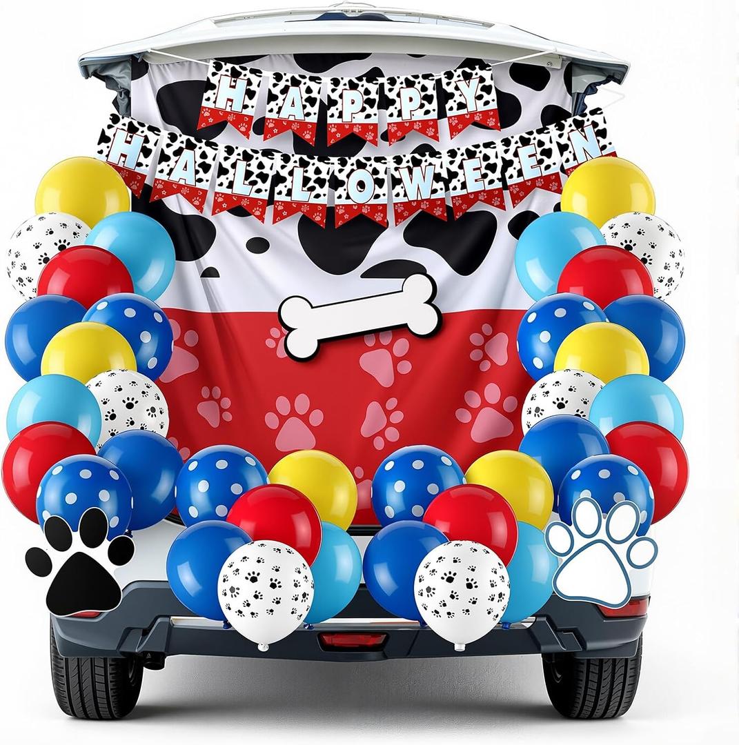 Soulchen 42 Pcs Dog Paw Themed Halloween Themed Trunk or Treat Car Decorations Kit Dog Garage Archway Decor with Balloons, Backdrop, Cardboard, Banner for Birthday Party Supplies Decorations
