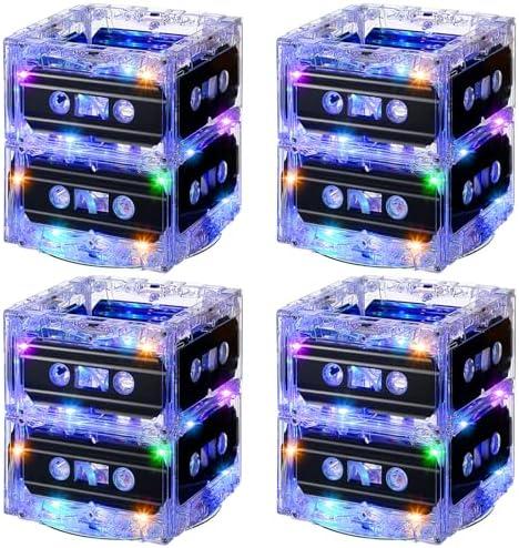 Relaxweex 4 Sets 80s 90s Glowing Cassette Tape Bucket Centerpiece 80s Party Supplies 90s Theme Birthday Party Favor Light Decoration for Music Theme Retro Hip Hop 1980 1990 Event