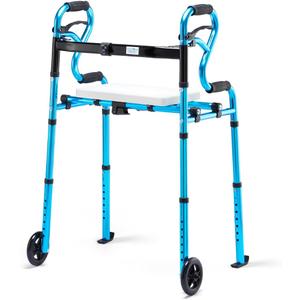 Health Line Massage Products 4 in 1 Folding Walker with Detachable Seat, Width Adjustable Folding Walkers with 5 Wheels and Extra 2 Skis, Compact Adults Walker for Seniors Support Up to 350lbs