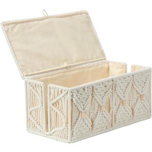 Cable Management Box Handmade Macrame Cord Storage Organizer Power Strips Outlet Router Adapter TV Wire Hider Cover Under Desk Natural Cotton Rope Woven Boxes with Lid (Off White, Large)