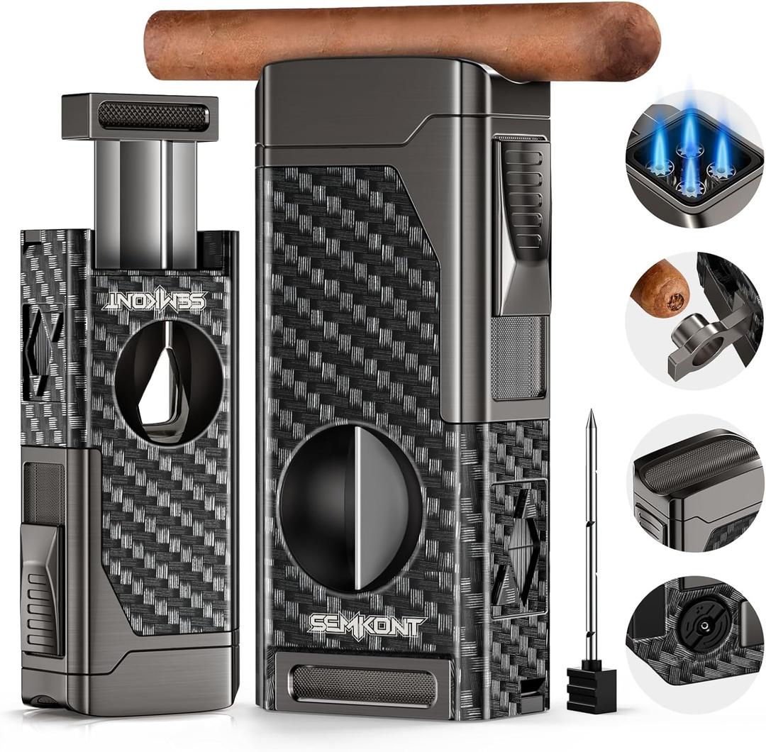 Cigar Lighter,4 Jet Flame Refillable Butane with V Cut Cigar Cutter,Cigar Punch,Cigar Holder and Cigar Draw Enhancer,5 in 1 Multifunctional Windproof Lighter-No Butane(Carbon Fiber)