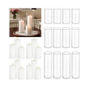 24 Pcs White Pillar Candles with Glass Candle Holder Hurricane Glass Candle Holders Clear Cylinder Vases for Centerpieces Wedding Office Party Home Table Decor