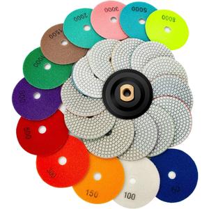 13 Packs 4 Inch Diamond Polishing Pads with 5/8-11 Backer Pad 12PCS Wet/Dry Polish Pad Kit for Drill Grinder Polisher 50-8000 Grit Pads for Granite Marble Concrete Stone Countertop Quartz Polishing