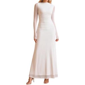 HTZMO Women Long Sleeve Bodycon Floral Maxi Dress Ruched A Line Flowy Wedding Guest Formal Party Long Dresses L