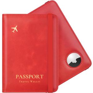 Stouchi AirTag Passport Holder, Simple Passport Holder with Airtag Slot, RFID Passport Wallet Cover for Women, Family Leather Passport Protector Case, AntiLost Travel Accessories, Red