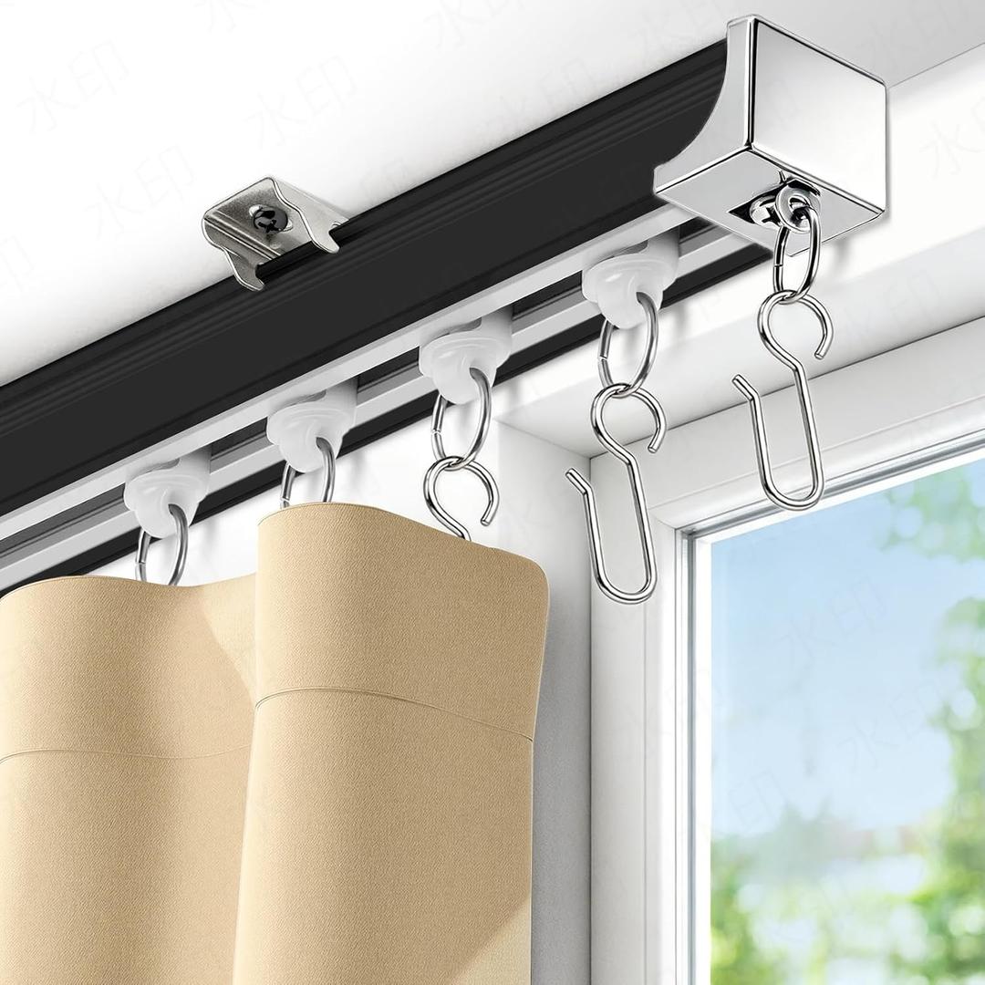 Ceiling Curtain Track, Heavy Duty Aluminum Curtain Rail for Ceiling or Wall Mount, Smooth Sliding Track System with Rollers, Hooks & Clips for Room Divider or Windows, Black, 12 FT