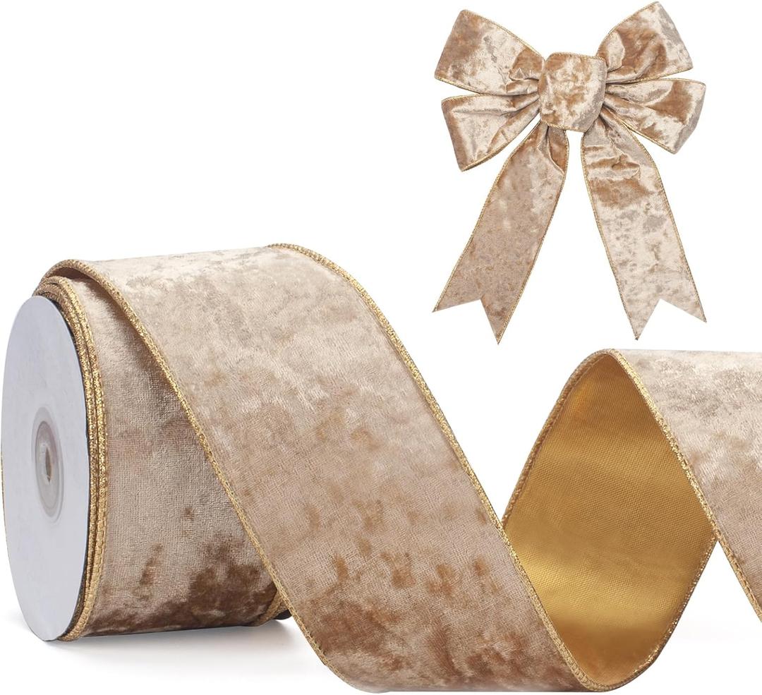 Gold Velvet Wired Ribbon, 2.5 Inch Metallic Crushed Velvet Gold Christmas Ribbon for Gift Wrapping, Christmas Tree Decorations, Big Bow, Crafts, Wreaths Supplies - Continuous 10 Yards