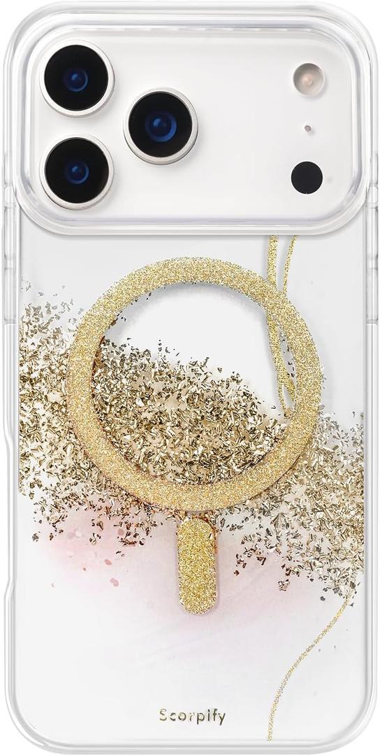 SCORPIFY for iPhone 17 Pro Case [Compatible with MagSafe] with Gleam Rose Halo, Cute Clear Magnetic Phone Cover Bumper for Women Girls, Glitter Sparkle Gold Foil Flakes & Pink Rose Texture