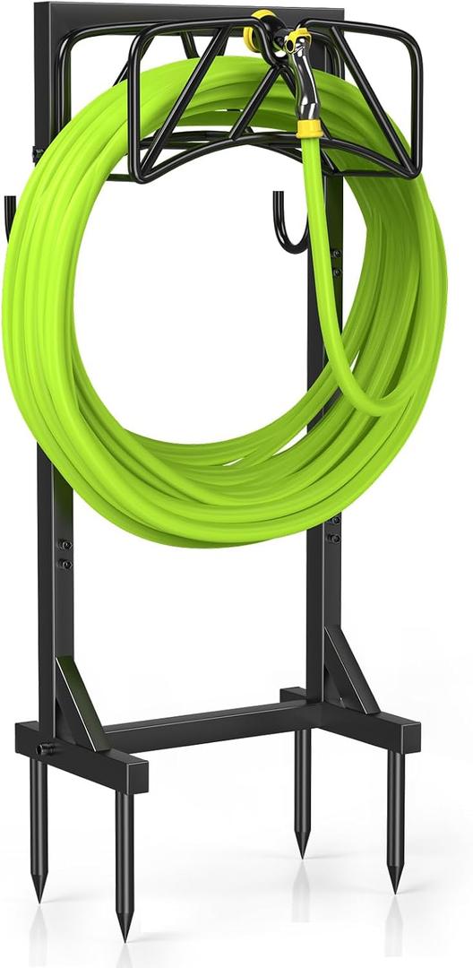 Garden Hose Holder Stand, Heavy Duty Freestanding Hose Holder Rack with 4 Spikes, Holds 150 ft, Outdoor Water Hose Holder for Yard Lawn Garden