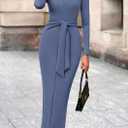 PRETTYGARDEN Women's 2025 Wedding Guest Midi Dresses Semi Formal Long Sleeve Bodycon Tie Waist Cocktail Fall Fashion Clothes (Blue)