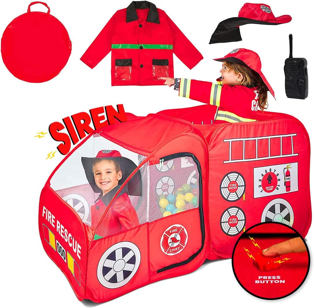 Kiddey Fire Truck Tent for Kids | Firetruck Play Tents with Sirens and Fireman Sounds for Girls, Boys, & Toddlers Gifts | Red Fire Engine Pop Up Playhouse with Costume | Indoor & Outdoor Baby Tent