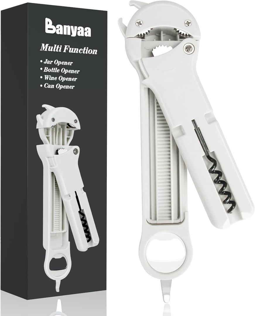 7 in 1 Jar Opener Bottle Opener and Wine Opener for Seniors with Arthritis, Weak Hands, Multi Retractable Magnetic Can Opener, Original Kitchen Lid Opener Tool (White)