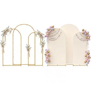 Metal Arch Backdrop Stand and Cover Set, 7.2FT, 6.6FT, 6FT Wedding Arch Frame, Easy to Assemble, Gold Arch Stand for Birthday, Party, Baby Shower, Graduation Ceremony(Beige)