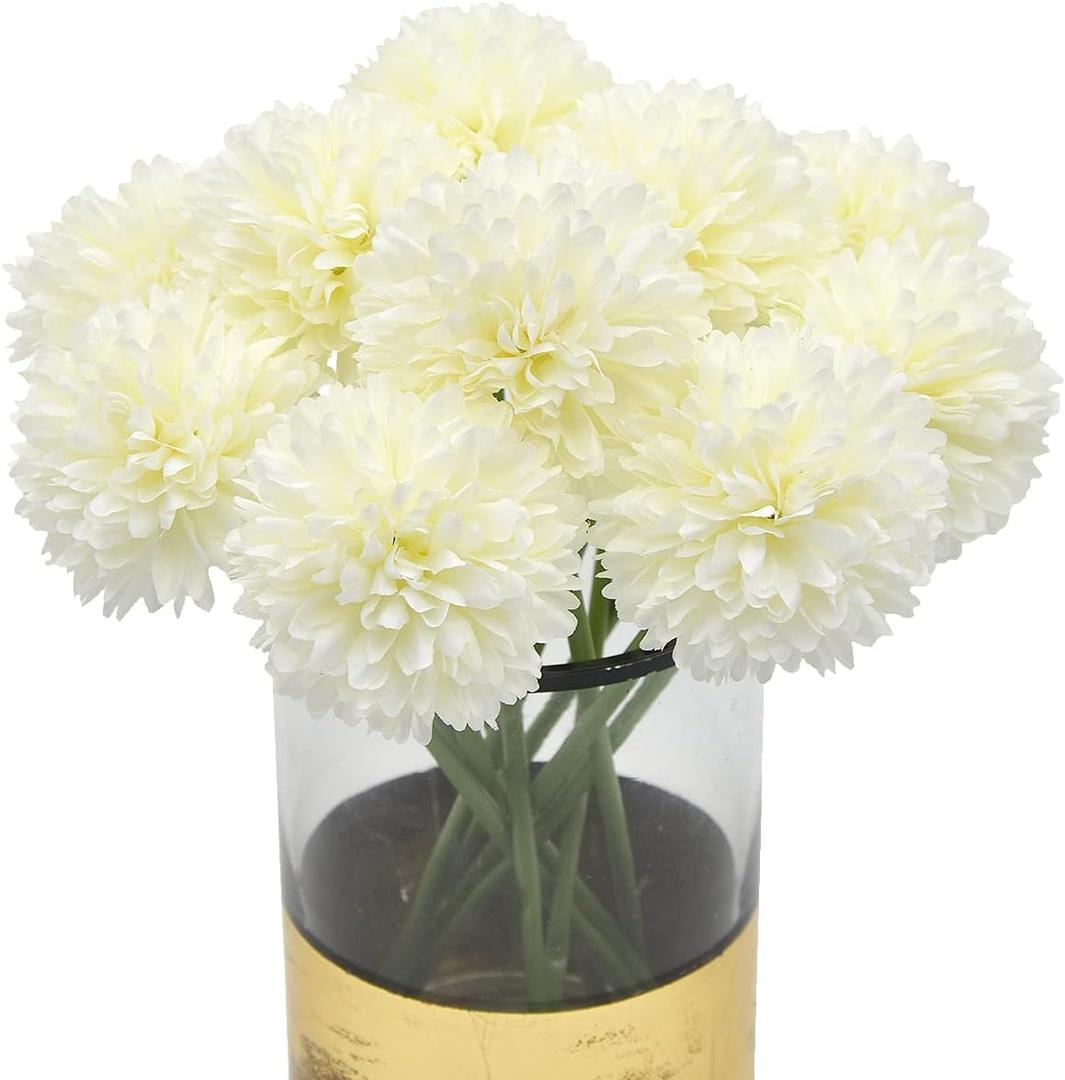 10Pcs Artificial Fake Flower Plants Silk Chrysanthemum Ball Hydrangea Arrangements Wedding Bouquets Decor Home Kitchen Garden Party Table Floral Centerpieces DIY(White)