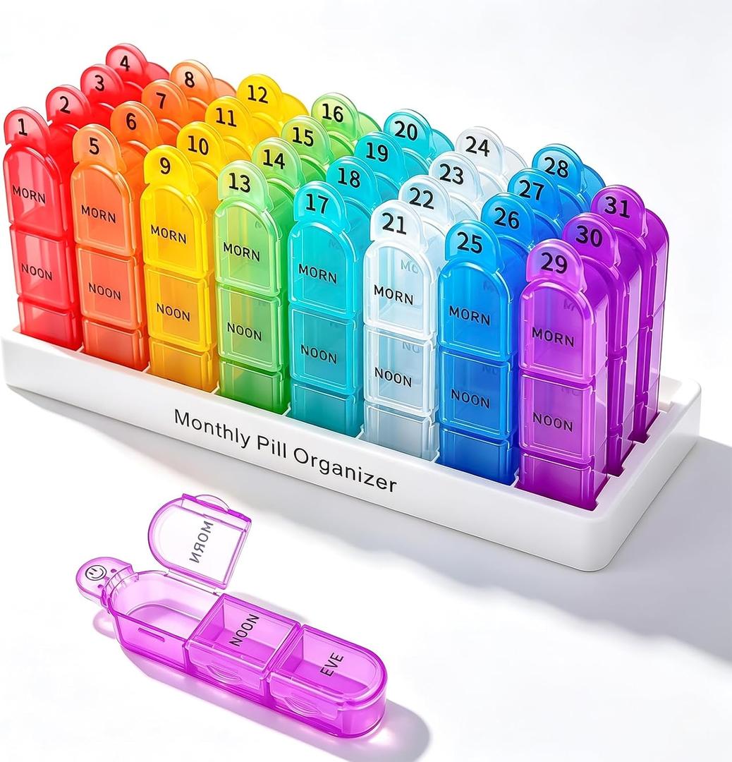 Cruxer Monthly Pill Organiser 3 Times a Day, Detachable 31 Day Pill Box, Travel 3 Times Pill Container, Pill Case 1 Month 32 Compartments, Tablet Organiser to Hold Vitamins, Fish Oil, Supplements