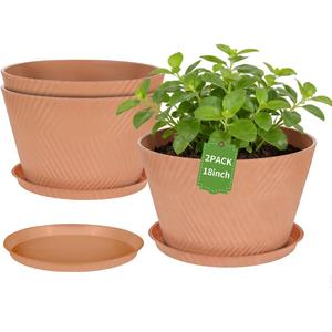 Set of 2, 18 Inch Large Planter Set Includes a Pot with Round Drainage Holes and a Tray, Suitable for Tall Plants and Flowers. Extra-Large Outdoor Terracotta-Colored Plastic Planter