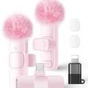 2 Pack Wireless Lavalier Microphone for iPhone iPad and Android Phone, Lapel Mic Plug and Play Wireless Mic Noise Reduction Mini Microphone for Video Recording Interview Podcast Vlog YouTube Tiktok Pink Mic 2 (2 TX + 1 RX)