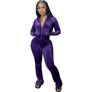 yidengymx Womens 2 Piece Velour Tracksuit Two Piece Outfits for Women Long Sleeve Zip Up Crop Tops Sweatpants Sets Pockets (XX-Large, Hoodie/Wide Leg Pants-purple)