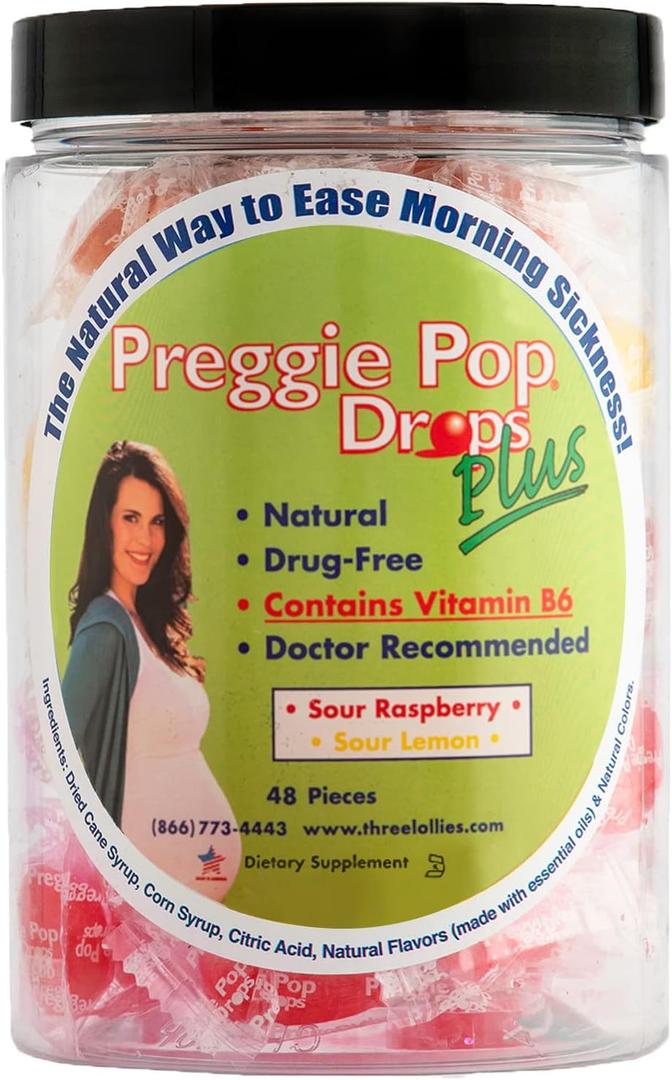 Preggie Pop Drops Plus Fortified with Vitamin B6 - Morning Sickness Relief Fortified with Vitamin B6. Preggie Pops for Relief for Pregnant Women Candy Drops. Sour Raspberry & Sour Lemon 48 Count, BBD Aug 2026