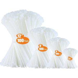 Zip Ties Assorted Sizes 400 Pack 4/6/8/12 Inch Cable Ties Heavy Duty Plastic Wire Ties UV Resistant Zipties Black Small Zip Tie Wraps Assortment Cord Management for Home, Office, Gardening (White)