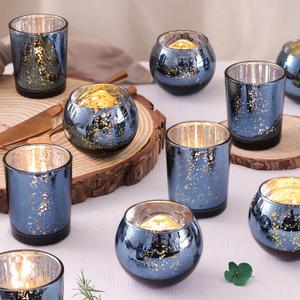 12PCS Assorted Blue Votive Candle Holders, Mercury Tealight Candle Holder Glass, Wedding Table Decorations for Home Party, Navy Blue Birthday Graduation Rehearsal Party Dinner Decorations
