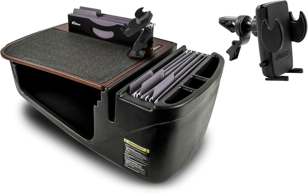 AutoExec Efficiency FileMaster Car Desk for Your Vehicle Workstation and Mobile Office, Mahogany with 400 watt Power Inverter, Phone Mount and Phone Vent Clip