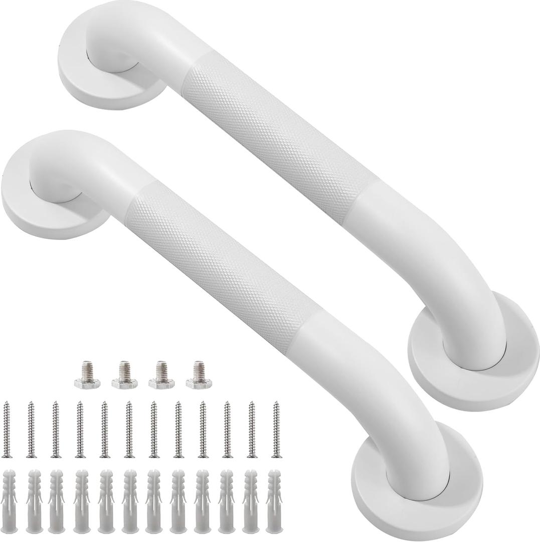 Rackickyer Shower Grab Bar, 2 Pack 12 Inch White Bathroom Grab Bar, 1.25" Diameter 304 Stainless Steel Anti-Slip Grab Bars for Bathtubs and Showers, Handicap Shower Grab Bar for Seniors Elderly