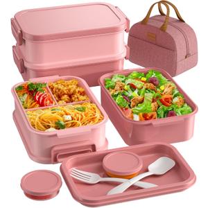 Adults Bento Lunch Box Set with Thermo Bag, 74oz Stackable Leak-proof 3-tiers Bento Box, Built-in Utensil and Sauce Container for Work, School, Dining Out (Pink)