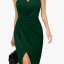 Missufe Women's Sleeveless V Neck Wrap Ruched Bodycon Party Cocktail Sheath Slit Midi Dress XL