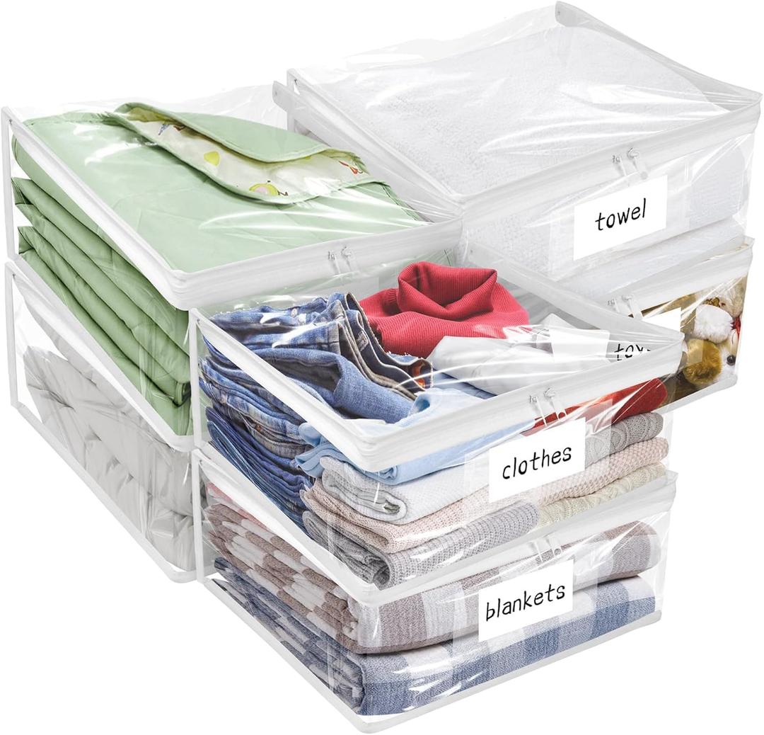 Plastic Storage Bags with Easy-Glide Zipper, Pack of 6, Durable Clear Vinyl Zippered Storage Bags for Clothes Sweaters Comforters Blankets Sheets Bedding (14.2 x 12 x 3.2 Inch, White)