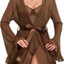 Avidlove Women Sexy Lingerie Set 2 Piece Sheer Kimono Robe with Lace Teddy Lingerie Bodysuit (Brown), XL