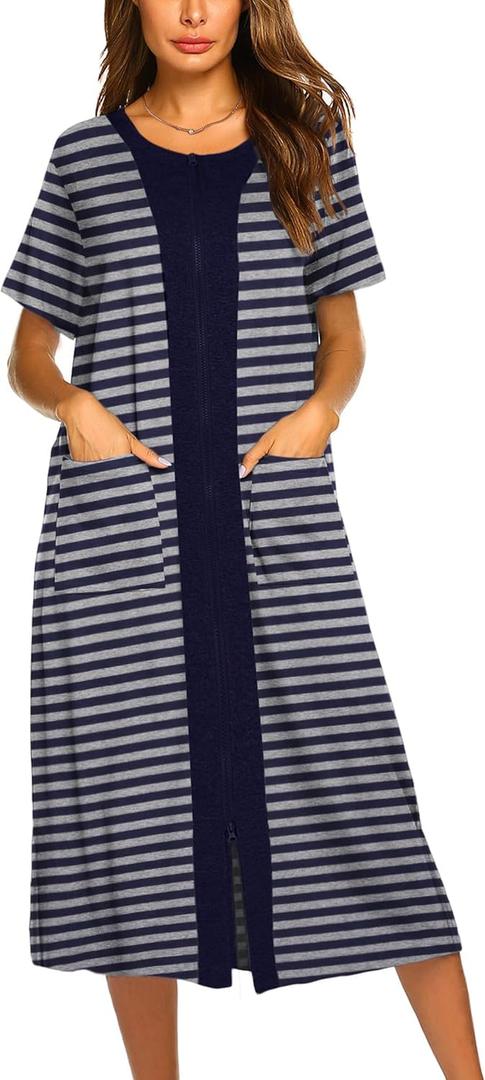 Ekouaer Robes For Women Zipper Front Bathrobe Short Sleeve House Coat Long Nightgown With Pockets Soft Loungewear (XX-Large, Navy Blue)