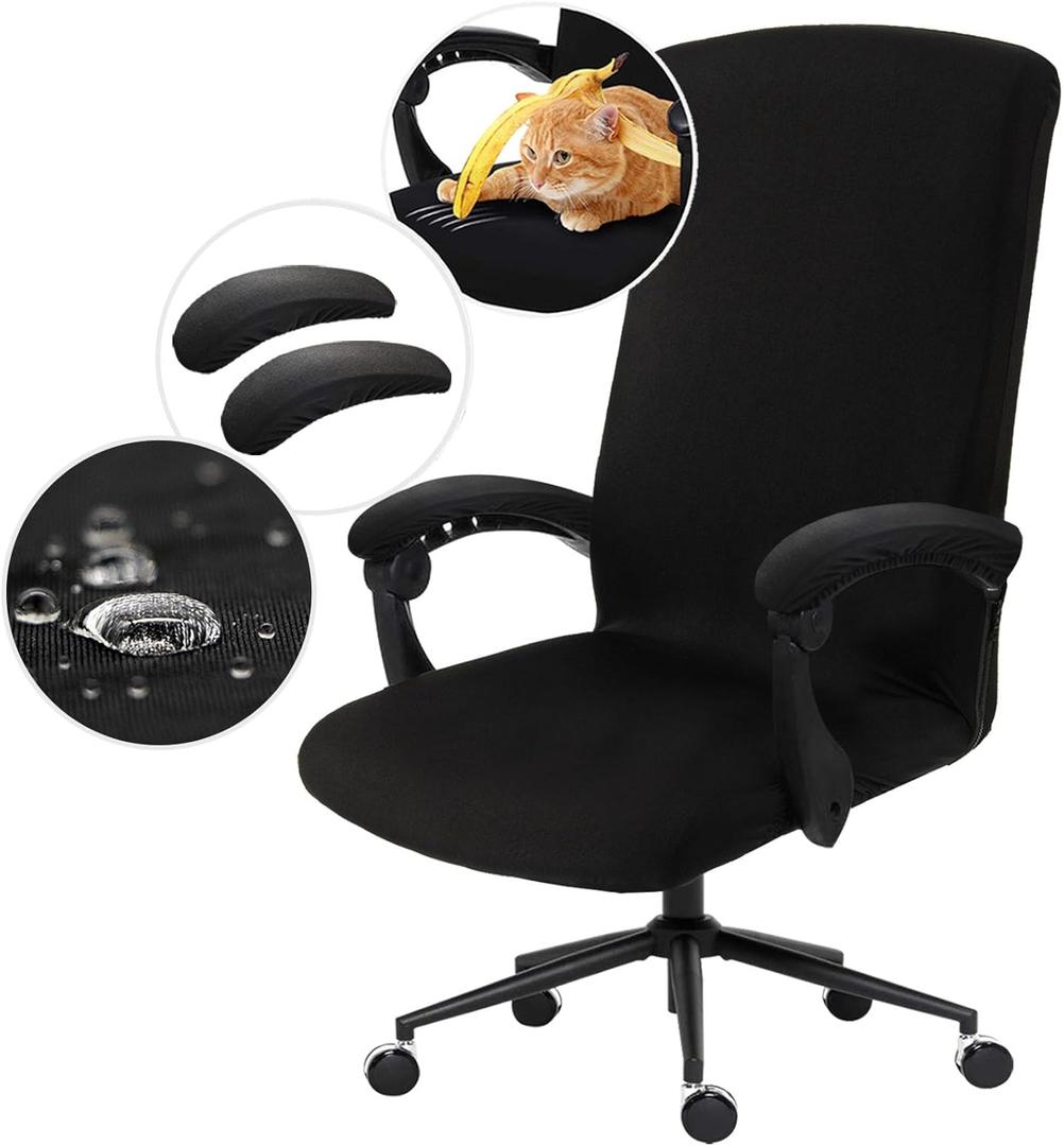Waterproof Stretch Computer Office Chair Cover with Armrest Covers Durable Zipper Universal Washable Removable Spandex Rotating Boss Chair Slipcovers Anti-dust Soft Desk Chair Seat Protector (Black)