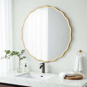 H HOMEWINS Gold Round Mirror for Wall 18 Inch Gold Circle Wavy Bathroom Farmhouse Vanity Wood Large Irregular Mirror for Bedroom,Entryway,Living Room