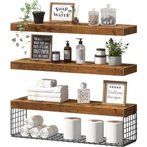 QEEIG Bathroom Shelves 24 inches Long - Floating Shelf for Wall Over Toilet Paper Storage Basket Farmhouse Set of 3, Rustic Brown (019-60BN3)