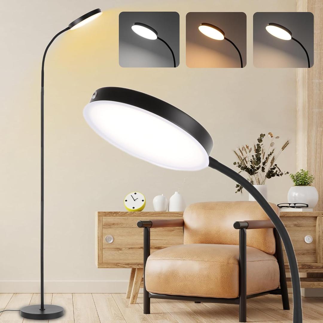 Floor Lamp, LED Floor Lamps for Living Room, Stepless Adjust Color Temperatures & Brightness Standing Lamp with Touch Control Tall Lamps Adjustable Gooseneck Reading Floor Lamp (Black)