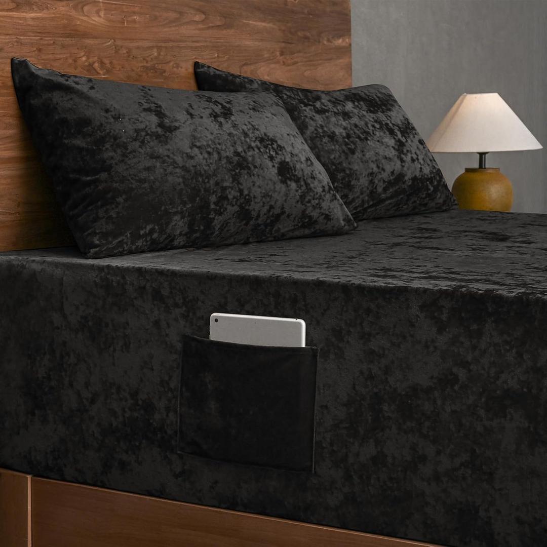 David's Home Velvet Fitted Sheet and Pillowcases Set Queen Size, Extra Deep Pocket up to 18", Soft Plush Fleece Bottom Sheet with Side Pocket & Elastic Corner Straps, Christmas Fall Winter, Black (Queen(60x80x18"+20"x30"(2)))