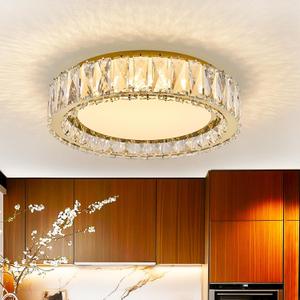 Dimmable Crystal Flush Mount Ceiling Light,LED5CCT 2700K-6000K,Gold,36W,15″ | Modern Close To Ceiling Light Fixture,Round Ceiling Light,for Kitchen Ceiling Lighting,Bedroom, Laundry Room,Hallway,Bathroom