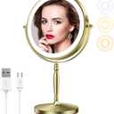 Matekxy 8" Lighted Makeup Mirror with Magnification - 1X/10X Magnifying Desk Mirror with Rechargeable LED Lights, 3 Colors Dimmable Tabletop Mirror, Brass Gold