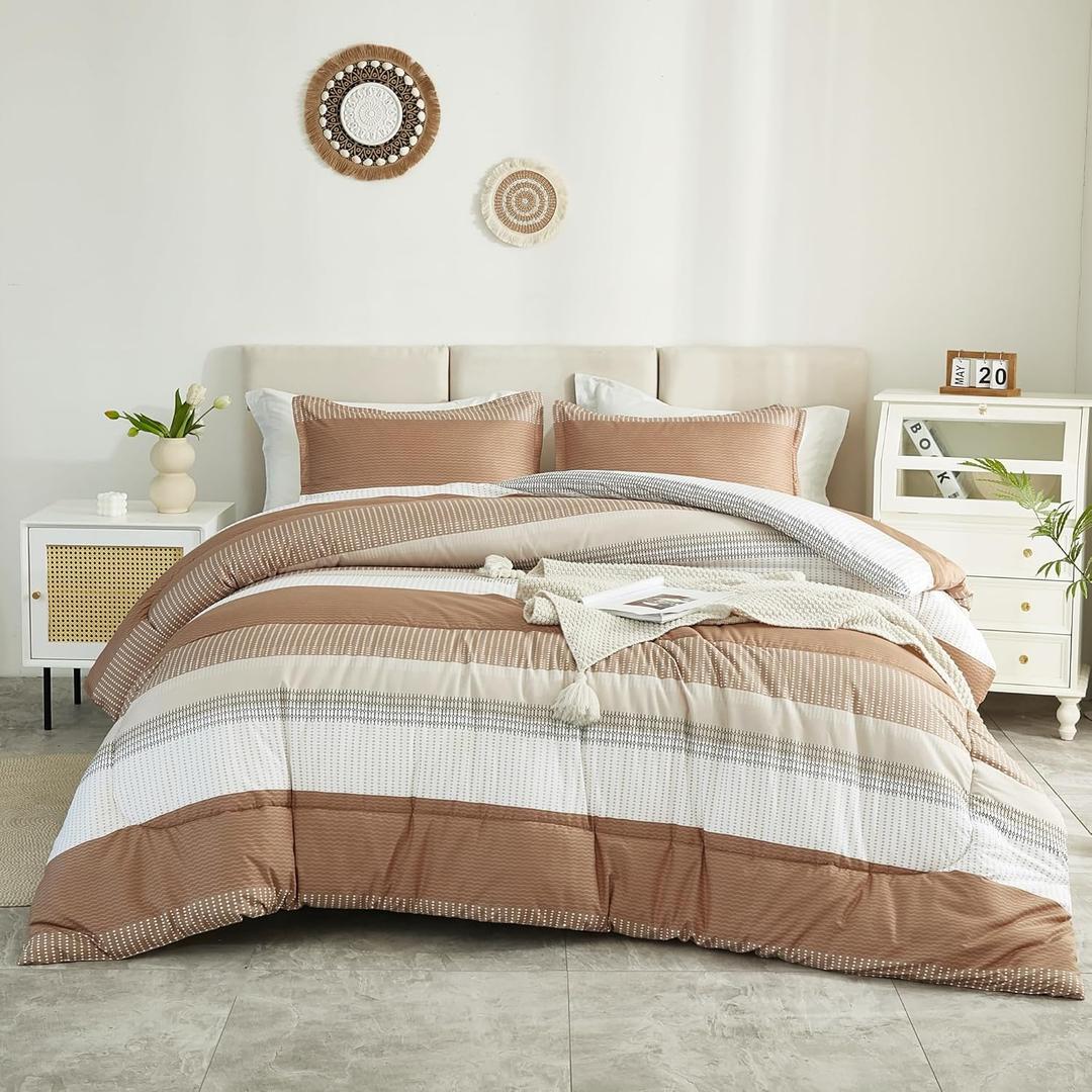 Full Size Comforter Sets Beige, 3 Pieces Lightweight Taupe Khaki White Colorblock Stripe Fluffy Bedding Comforter Sets, All Season Bed Set