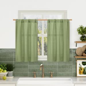 LAMIT Linen Curtains 30 Inch Length for Cafe Kitchen, Light Filtering Linen Textured Panels Rod Pocket Boho Short Privacy Drapes for RV Basement/Small Windows, 2 Panels, 29 x 30 Inch, Sage Green