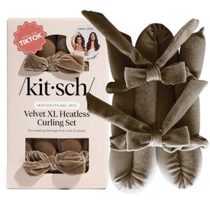 Kitsch Velvet XL Heatless Curling Set - Heatless Curls Overnight - Comfortable No Heat Hair Curlers With Two Velvet Bow Scrunchies to Sleep In for Frizz-Free & Non-Damage Styling - Eucalyptus