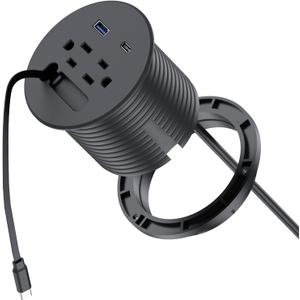 3 inch Desk Power Grommet Built-In1 Retractable USB C Cables (1.2ft),Recessed Power Grommet PD 20W USB-C&USB-A&2AC Outlet,Desktop Outlet 6.6 Ft Extension Cord for Conference Rooms, Desktop Accessory.