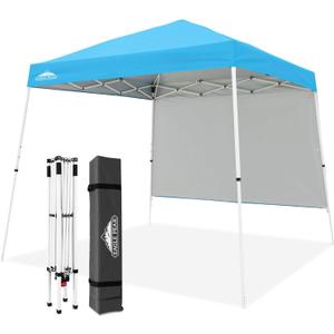 EAGLE PEAK 10x10 Pop Up Canopy Tent with Sidewall, Compact, Portable Slant Leg Instant Sun Shelter for Beach, Sports, & Camping, 10x10 Base 8x8 Top, Light Blue