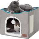 Bedsure Cat Beds for Indoor Cats - Large Cat Cave for Pet Cat House with Fluffy Ball Hanging and Scratch Pad, Foldable Cat Hideaway, 16.5x16.5x13 inches, Grey (Single)