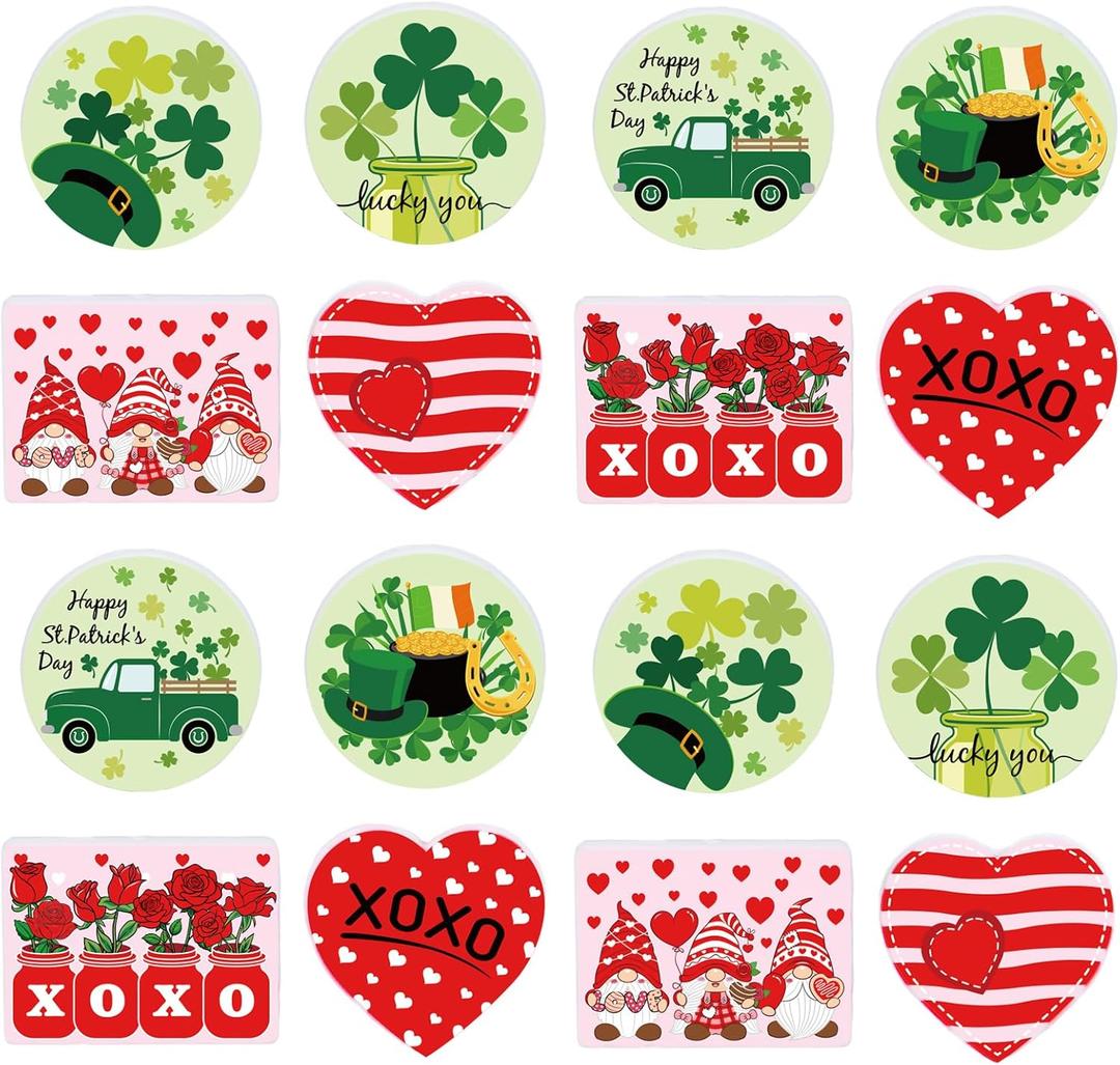 JarThenaAMCS 16Pcs Valentine's Day St. Patrick's Day Silicone Focal Beads Gnome Green Shamrock Clover Red Heart Loose Rubber Beads for DIY Crafts Pen Keychain Making