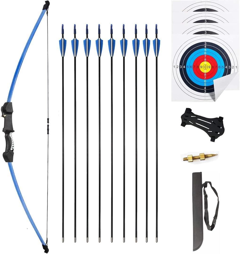 45" Youth Bow and Arrows Set for Kids 8-12 Teens Recurve Archery Beginner Gift Longbow Kit, Outdoor Hunting Play Gift Toys, 9 Arrows, 4 Target Face for Backyard Game Age 12-14 14-16 (Blue)